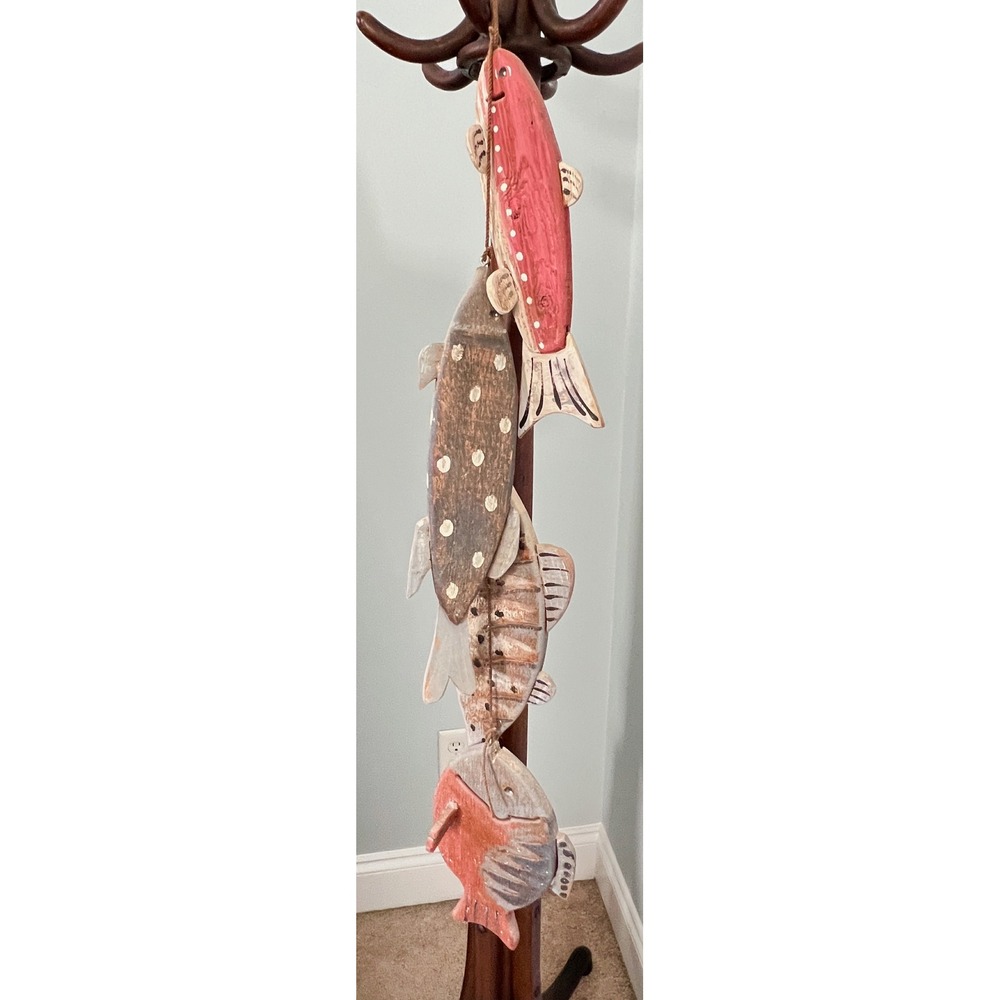 Hand Carved Wooden Fish Stringer Folk Art Wall Hanging Rustic Lodge Decor 15.5"